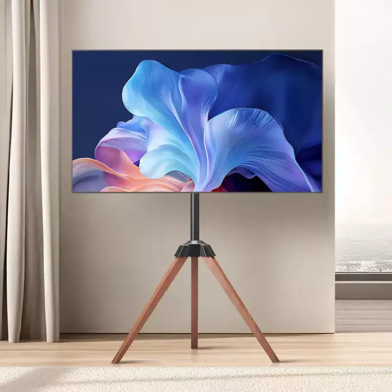 Supporto TV Treppiede a Cavalletto, per TV a Schermo Piatto/Curvo da 40-65 Pollici Fino a 45 kg, Supporto TV Portatile con Rotazione Sinistra-Destra di 18°, Nero+Marrone