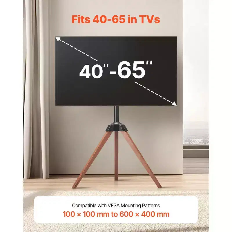 Supporto TV Treppiede a Cavalletto, per TV a Schermo Piatto/Curvo da 40-65 Pollici Fino a 45 kg, Supporto TV Portatile con Rotazione Sinistra-Destra di 18°, Nero+Marrone