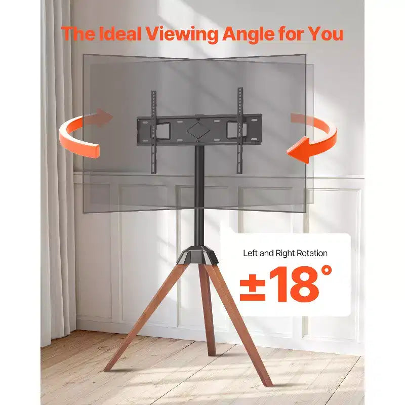 Supporto TV Treppiede a Cavalletto, per TV a Schermo Piatto/Curvo da 40-65 Pollici Fino a 45 kg, Supporto TV Portatile con Rotazione Sinistra-Destra di 18°, Nero+Marrone
