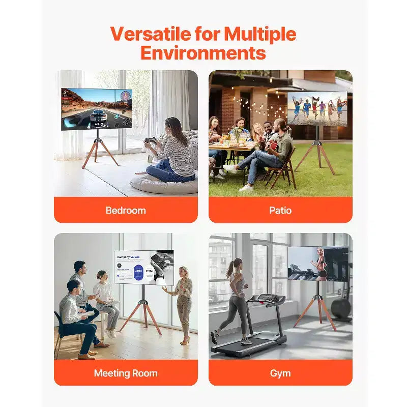 Supporto TV Treppiede a Cavalletto, per TV a Schermo Piatto/Curvo da 40-65 Pollici Fino a 45 kg, Supporto TV Portatile con Rotazione Sinistra-Destra di 18°, Nero+Marrone