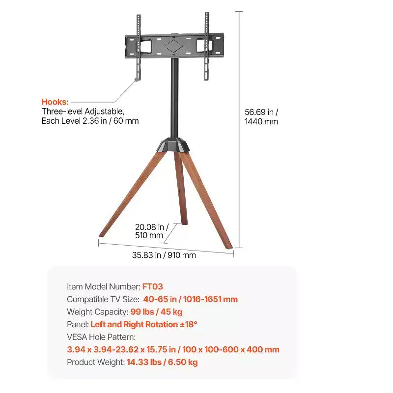 Supporto TV Treppiede a Cavalletto, per TV a Schermo Piatto/Curvo da 40-65 Pollici Fino a 45 kg, Supporto TV Portatile con Rotazione Sinistra-Destra di 18°, Nero+Marrone