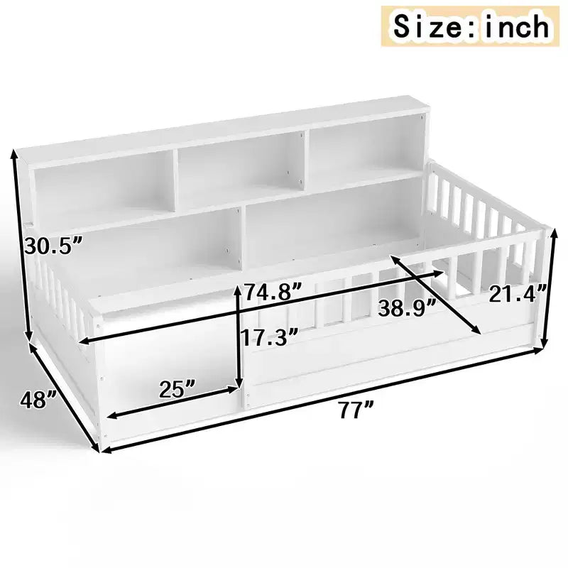 Letto a pavimento moderno Pinewood Guardrail con contenitore laterale
