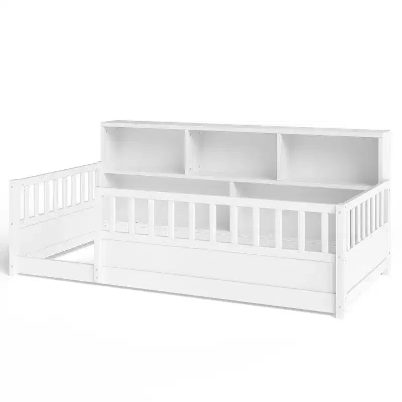 Letto a pavimento moderno Pinewood Guardrail con contenitore laterale
