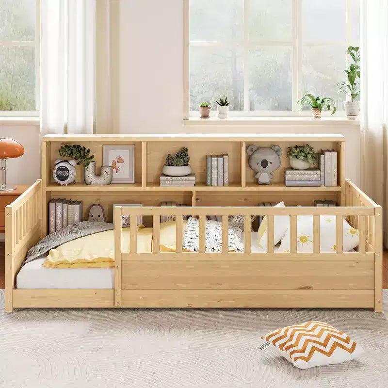 Letto a pavimento moderno Pinewood Guardrail con contenitore laterale