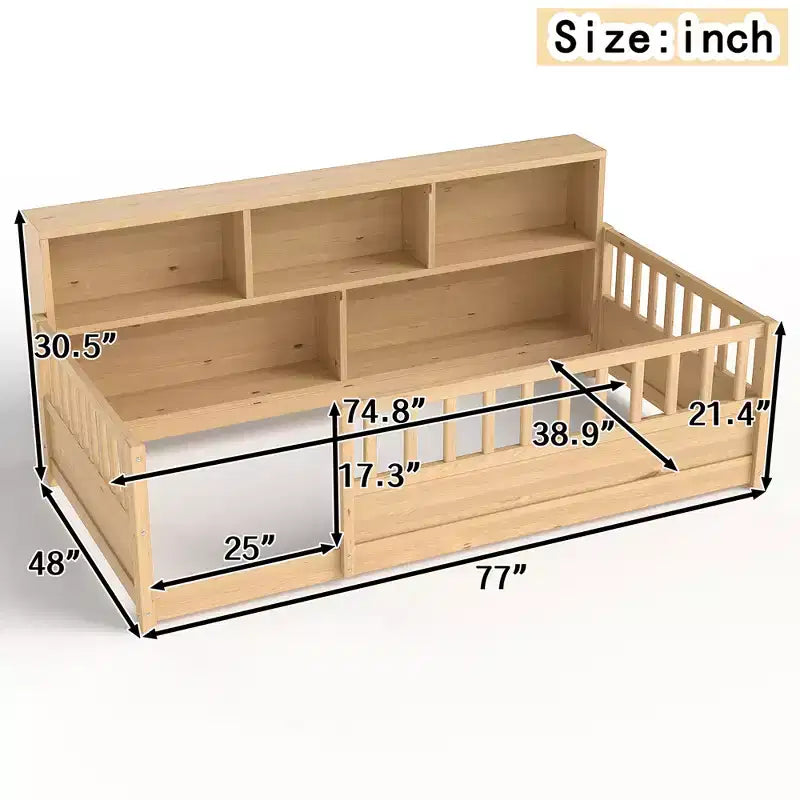Letto a pavimento moderno Pinewood Guardrail con contenitore laterale