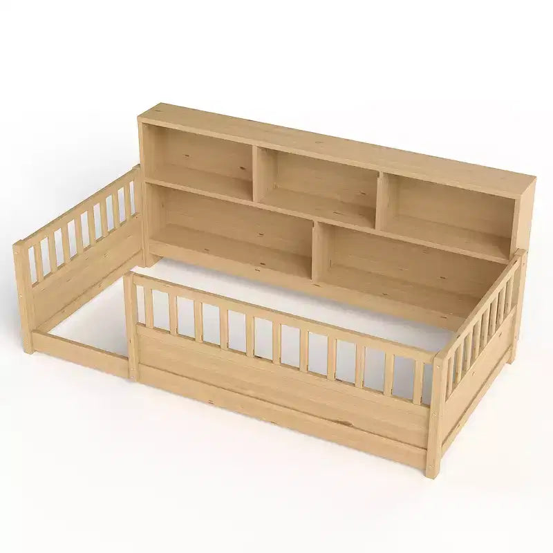 Letto a pavimento moderno Pinewood Guardrail con contenitore laterale