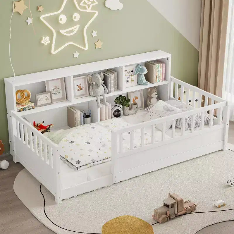 Letto a pavimento moderno Pinewood Guardrail con contenitore laterale