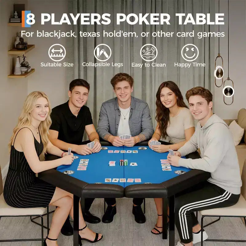 Tavolo da poker pieghevole da 48 pollici per 8 giocatori, tavolo da gioco da casinò ottagonale con bordi imbottiti e portabicchieri in acciaio inossidabile per serate di giochi in famiglia
