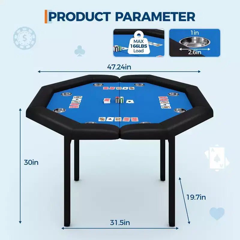 Tavolo da poker pieghevole da 48 pollici per 8 giocatori, tavolo da gioco da casinò ottagonale con bordi imbottiti e portabicchieri in acciaio inossidabile per serate di giochi in famiglia