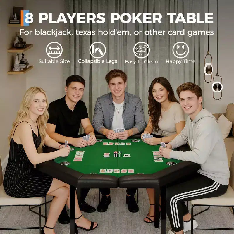 Tavolo da poker pieghevole da 48 pollici per 8 giocatori, tavolo da gioco da casinò ottagonale con bordi imbottiti e portabicchieri in acciaio inossidabile per serate di giochi in famiglia