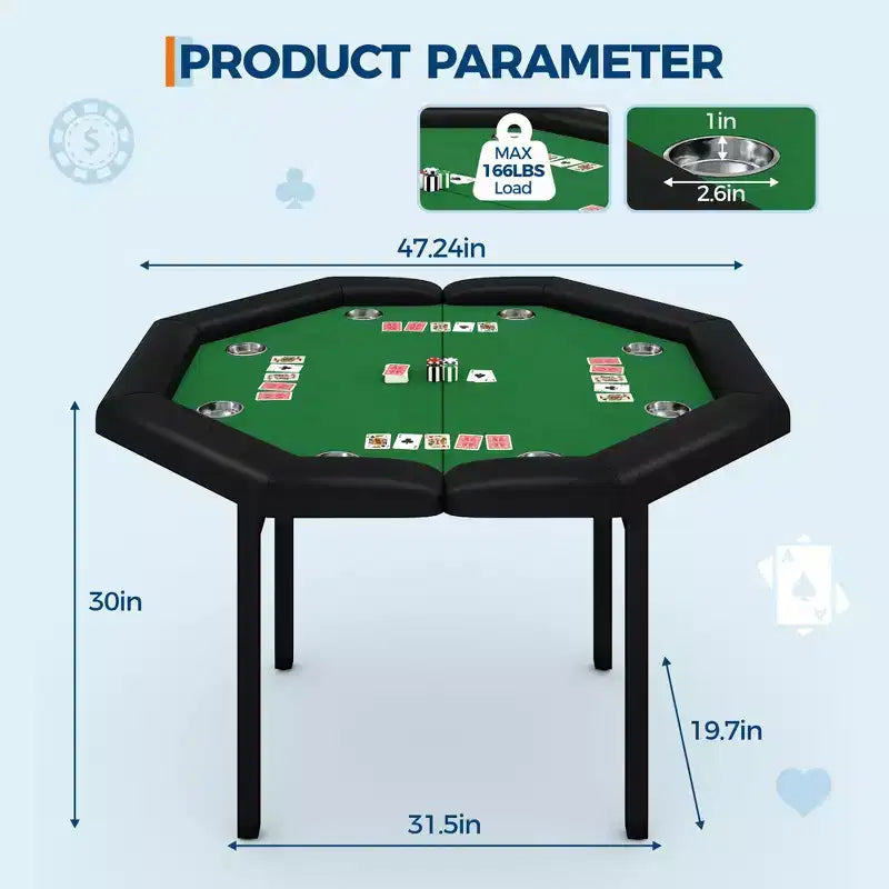 Tavolo da poker pieghevole da 48 pollici per 8 giocatori, tavolo da gioco da casinò ottagonale con bordi imbottiti e portabicchieri in acciaio inossidabile per serate di giochi in famiglia