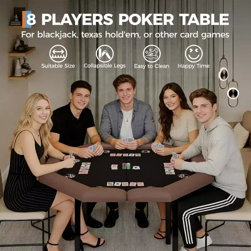 Tavolo da poker pieghevole da 48 pollici per 8 giocatori, tavolo da gioco da casinò ottagonale con bordi imbottiti e portabicchieri in acciaio inossidabile per serate di giochi in famiglia