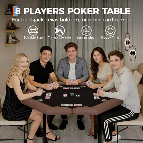 Tavolo da poker pieghevole da 48 pollici per 8 giocatori, tavolo da gioco da casinò ottagonale con bordi imbottiti e portabicchieri in acciaio inossidabile per serate di giochi in famiglia
