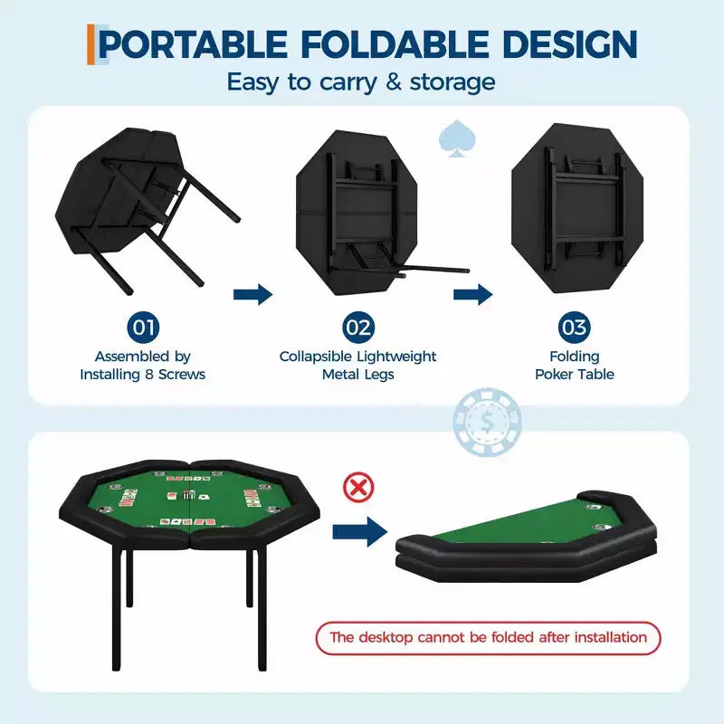 Tavolo da poker pieghevole da 48 pollici per 8 giocatori, tavolo da gioco da casinò ottagonale con bordi imbottiti e portabicchieri in acciaio inossidabile per serate di giochi in famiglia