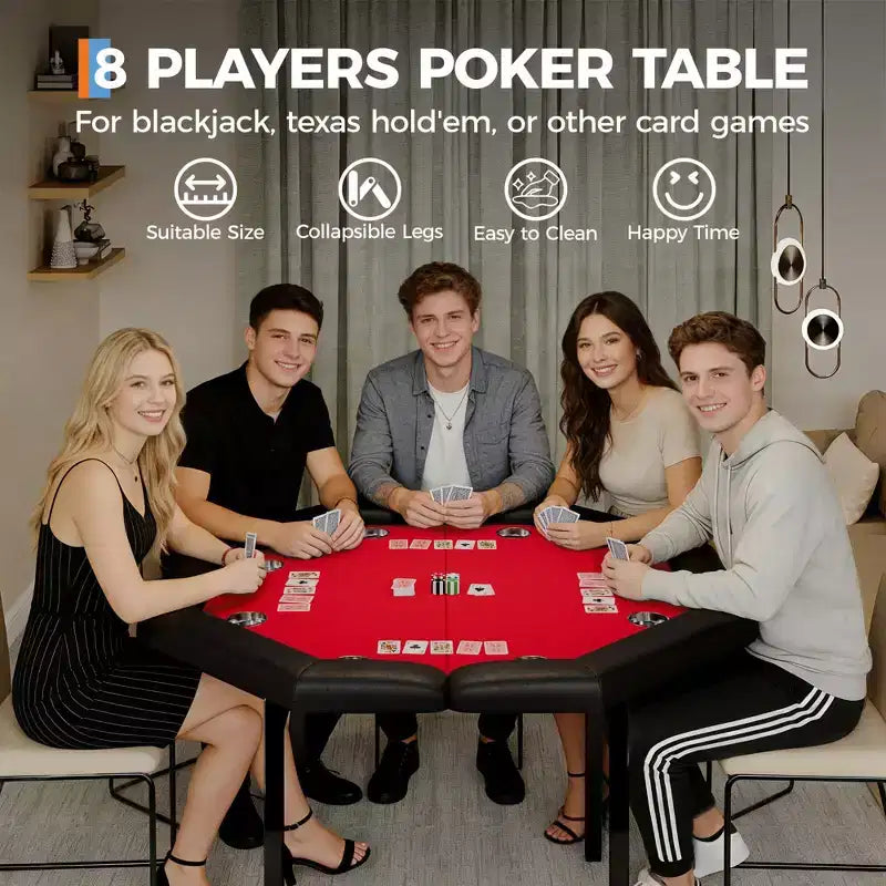 Tavolo da poker pieghevole da 48 pollici per 8 giocatori, tavolo da gioco da casinò ottagonale con bordi imbottiti e portabicchieri in acciaio inossidabile per serate di giochi in famiglia