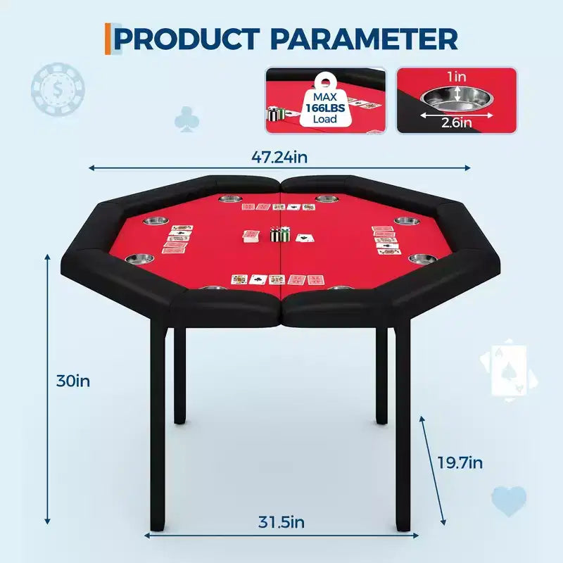 Tavolo da poker pieghevole da 48 pollici per 8 giocatori, tavolo da gioco da casinò ottagonale con bordi imbottiti e portabicchieri in acciaio inossidabile per serate di giochi in famiglia