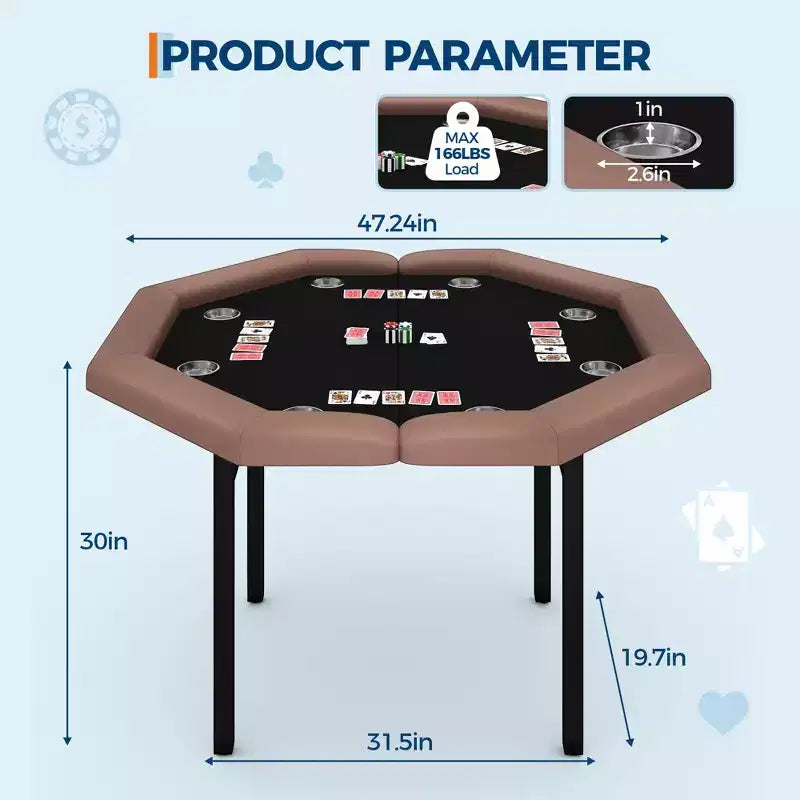 Tavolo da poker pieghevole da 48 pollici per 8 giocatori, tavolo da gioco da casinò ottagonale con bordi imbottiti e portabicchieri in acciaio inossidabile per serate di giochi in famiglia