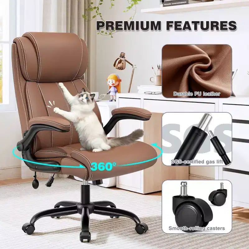 Sedia da ufficio ergonomica, sedia da scrivania per computer, sedia direzionale in pelle con schienale alto, supporto lombare regolabile e braccioli ribaltabili, funzione a dondolo