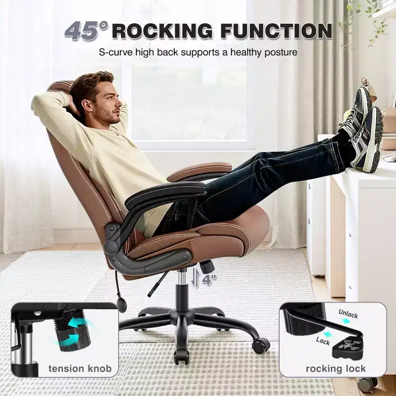 Sedia da ufficio ergonomica, sedia da scrivania per computer, sedia direzionale in pelle con schienale alto, supporto lombare regolabile e braccioli ribaltabili, funzione a dondolo