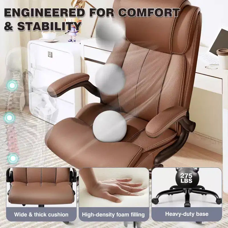 Sedia da ufficio ergonomica, sedia da scrivania per computer, sedia direzionale in pelle con schienale alto, supporto lombare regolabile e braccioli ribaltabili, funzione a dondolo