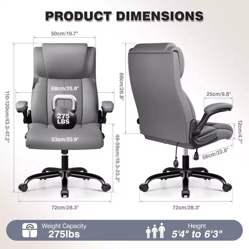 Sedia da ufficio ergonomica, sedia da scrivania per computer, sedia direzionale in pelle con schienale alto, supporto lombare regolabile e braccioli ribaltabili, funzione a dondolo