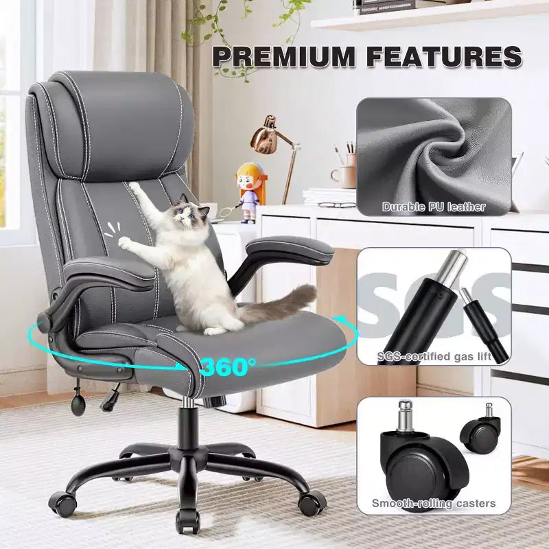 Sedia da ufficio ergonomica, sedia da scrivania per computer, sedia direzionale in pelle con schienale alto, supporto lombare regolabile e braccioli ribaltabili, funzione a dondolo