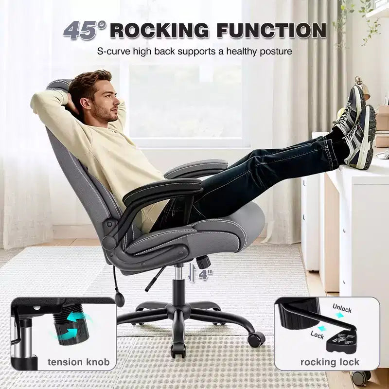 Sedia da ufficio ergonomica, sedia da scrivania per computer, sedia direzionale in pelle con schienale alto, supporto lombare regolabile e braccioli ribaltabili, funzione a dondolo