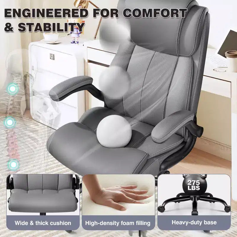 Sedia da ufficio ergonomica, sedia da scrivania per computer, sedia direzionale in pelle con schienale alto, supporto lombare regolabile e braccioli ribaltabili, funzione a dondolo