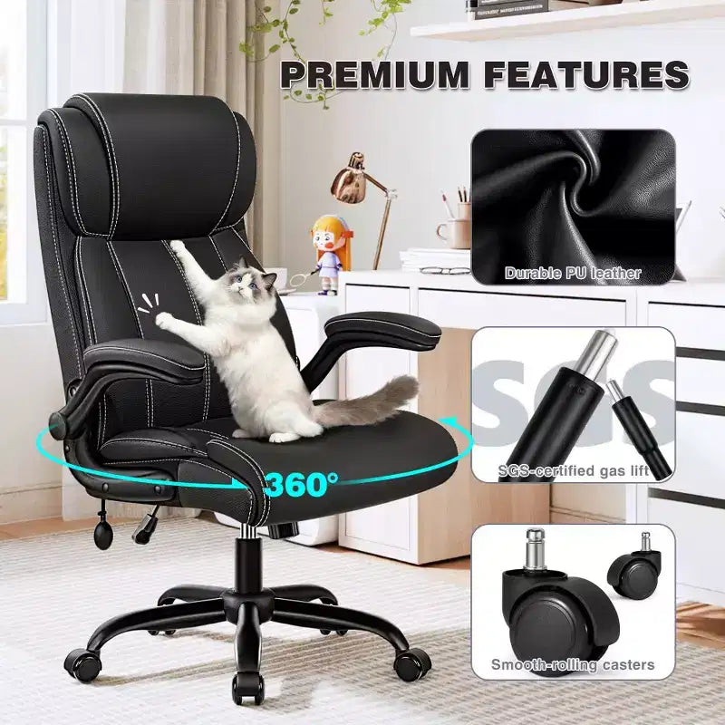 Sedia da ufficio ergonomica, sedia da scrivania per computer, sedia direzionale in pelle con schienale alto, supporto lombare regolabile e braccioli ribaltabili, funzione a dondolo