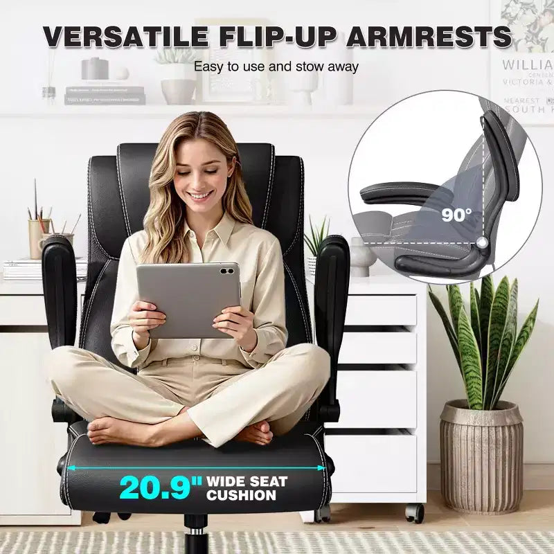 Sedia da ufficio ergonomica, sedia da scrivania per computer, sedia direzionale in pelle con schienale alto, supporto lombare regolabile e braccioli ribaltabili, funzione a dondolo