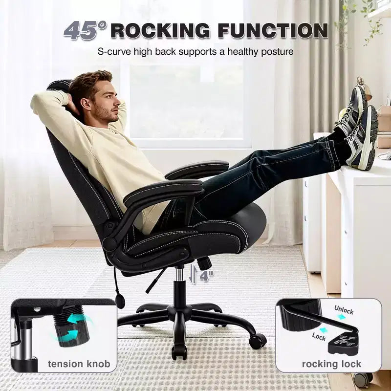 Sedia da ufficio ergonomica, sedia da scrivania per computer, sedia direzionale in pelle con schienale alto, supporto lombare regolabile e braccioli ribaltabili, funzione a dondolo