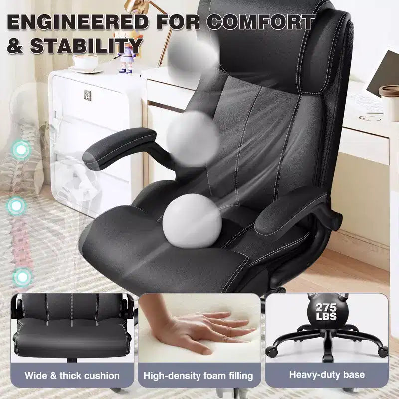 Sedia da ufficio ergonomica, sedia da scrivania per computer, sedia direzionale in pelle con schienale alto, supporto lombare regolabile e braccioli ribaltabili, funzione a dondolo
