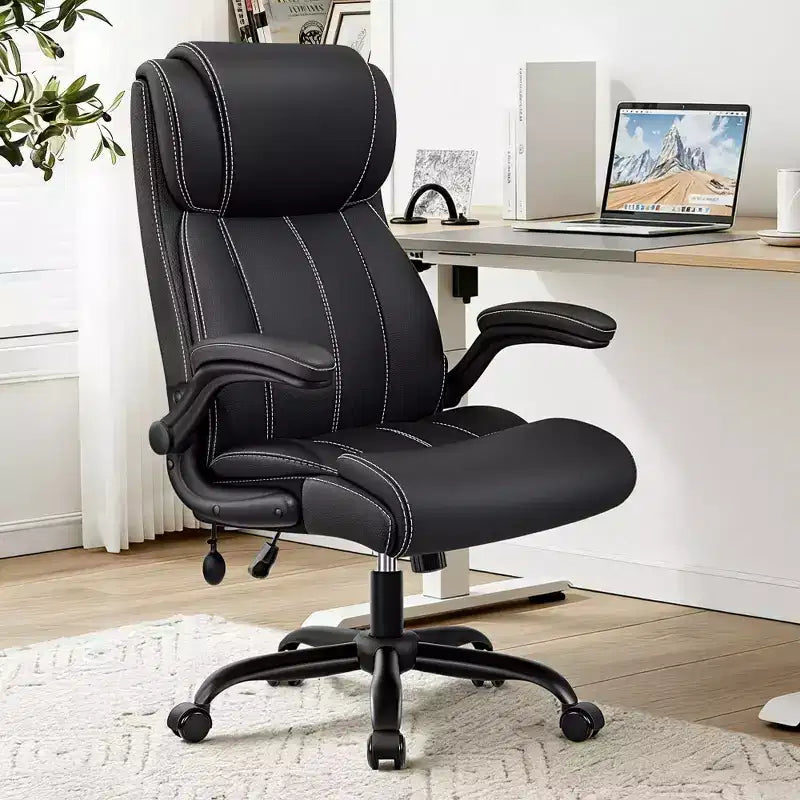 Sedia da ufficio ergonomica, sedia da scrivania per computer, sedia direzionale in pelle con schienale alto, supporto lombare regolabile e braccioli ribaltabili, funzione a dondolo