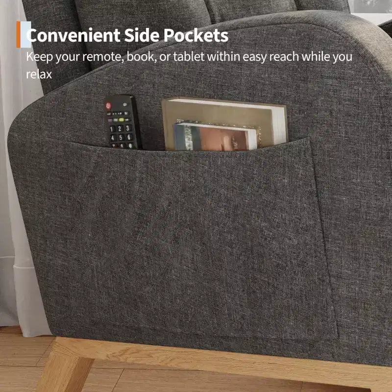 Sedia a dondolo moderna nei colori Morandi, con tasca laterale, poltrona scorrevole imbottita in lino, sedia a dondolo accentata da 136 kg per soggiorno e cameretta