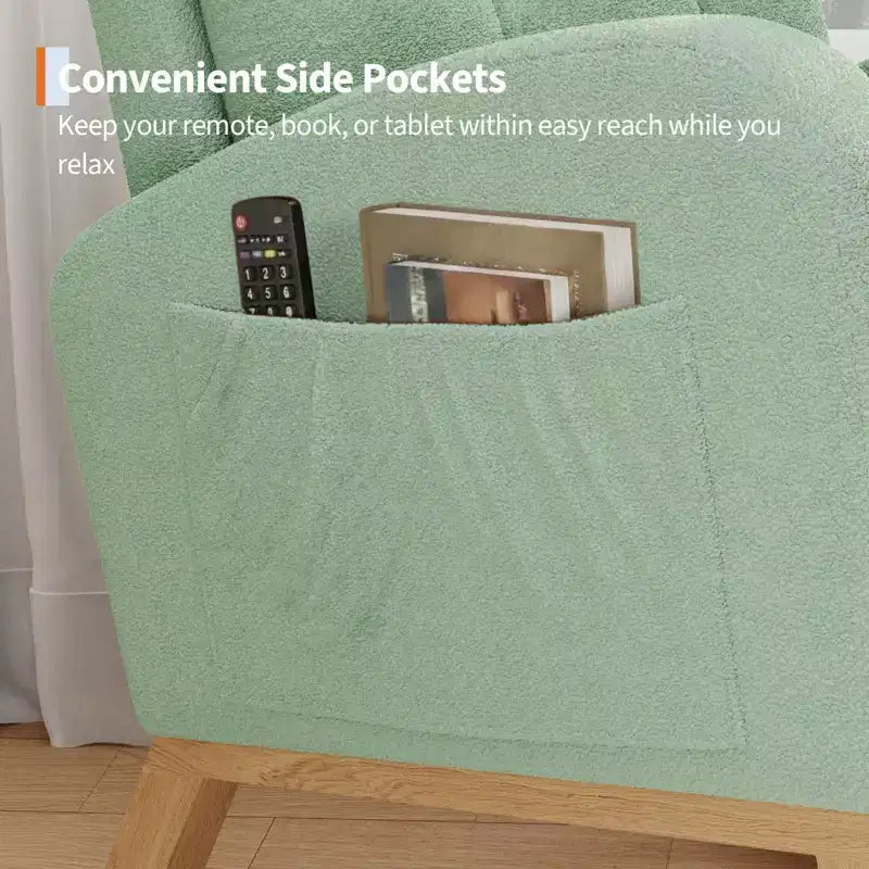 Sedia a dondolo moderna nei colori Morandi, con tasca laterale, poltrona scorrevole imbottita in lino, sedia a dondolo accentata da 136 kg per soggiorno e cameretta