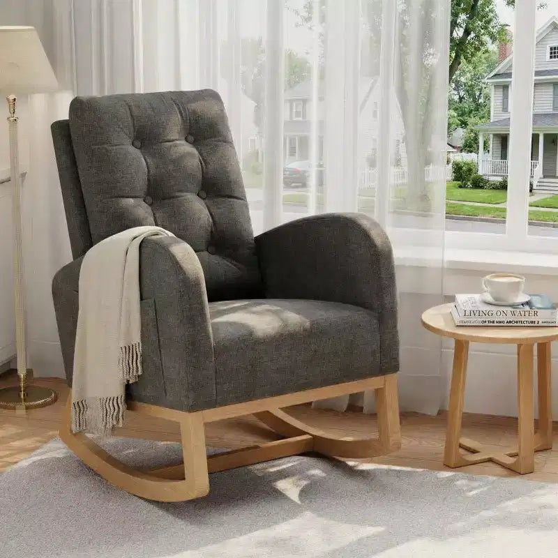 Sedia a dondolo moderna nei colori Morandi, con tasca laterale, poltrona scorrevole imbottita in lino, sedia a dondolo accentata da 136 kg per soggiorno e cameretta