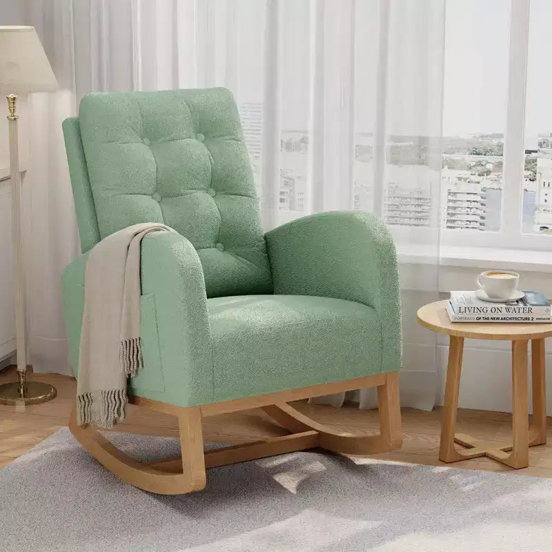 Sedia a dondolo moderna nei colori Morandi, con tasca laterale, poltrona scorrevole imbottita in lino, sedia a dondolo accentata da 136 kg per soggiorno e cameretta