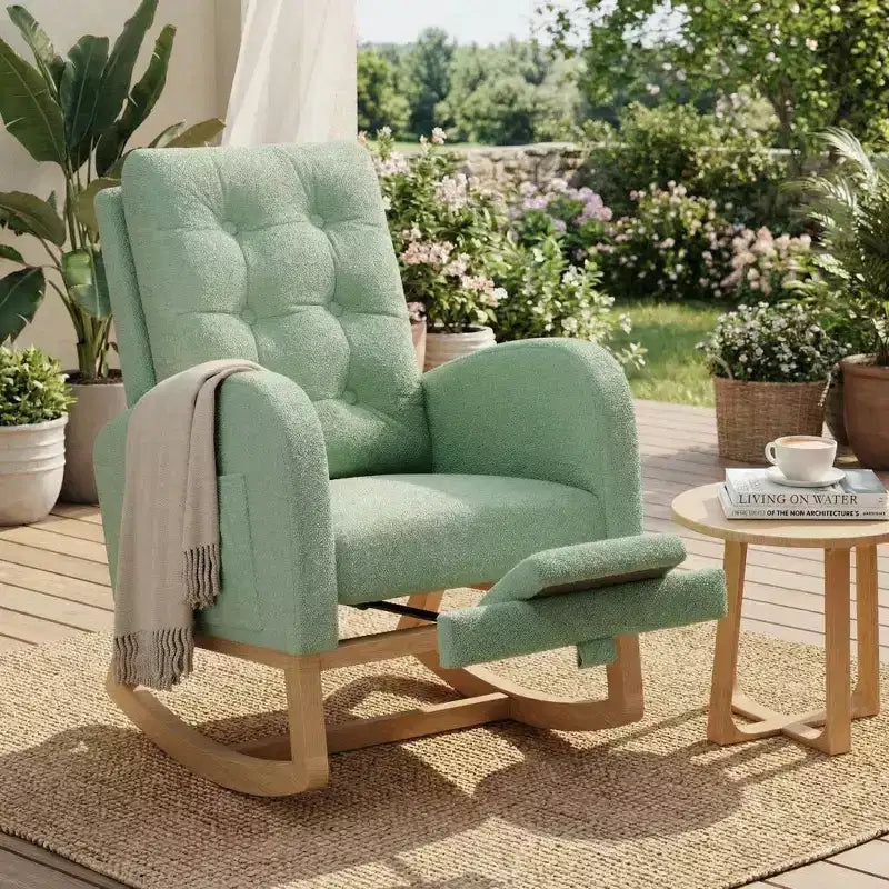 Sedia a dondolo moderna nei colori Morandi, con tasca laterale, poltrona scorrevole imbottita in lino, sedia a dondolo accentata da 136 kg per soggiorno e cameretta