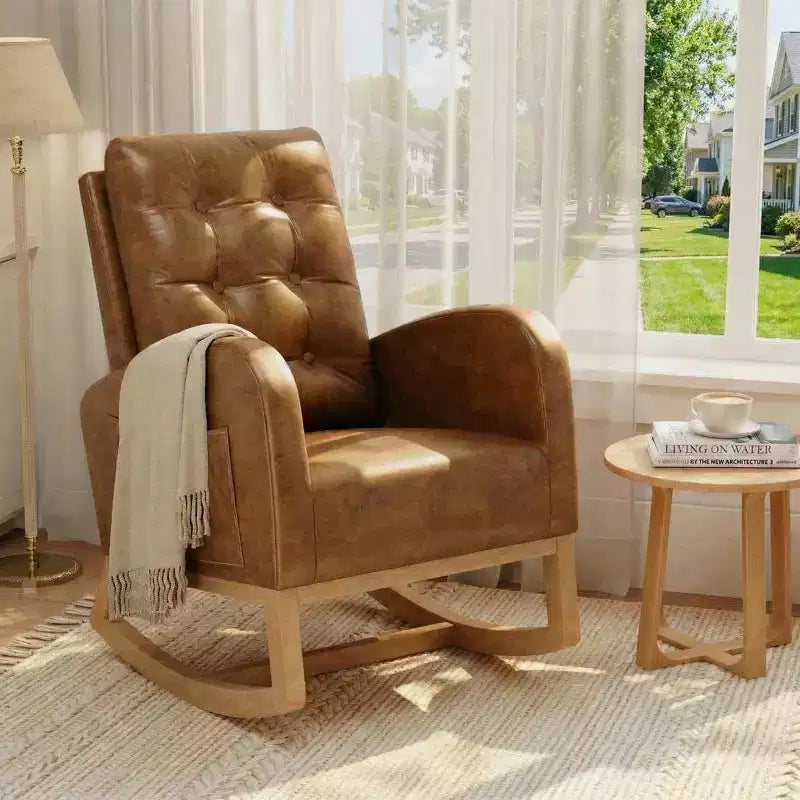 Sedia a dondolo moderna nei colori Morandi, con tasca laterale, poltrona scorrevole imbottita in lino, sedia a dondolo accentata da 136 kg per soggiorno e cameretta