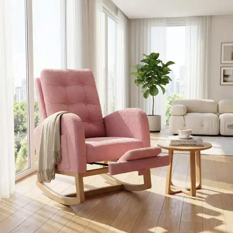 Sedia a dondolo moderna nei colori Morandi, con tasca laterale, poltrona scorrevole imbottita in lino, sedia a dondolo accentata da 136 kg per soggiorno e cameretta