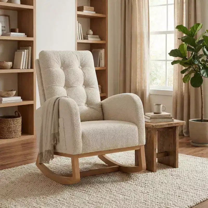 Sedia a dondolo moderna nei colori Morandi, con tasca laterale, poltrona scorrevole imbottita in lino, sedia a dondolo accentata da 136 kg per soggiorno e cameretta