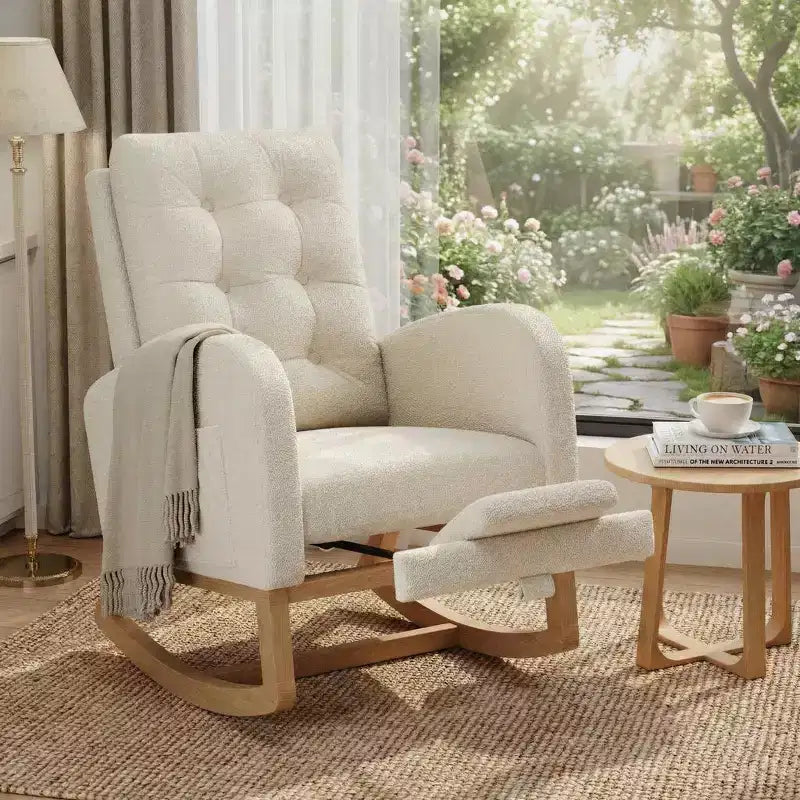Sedia a dondolo moderna nei colori Morandi, con tasca laterale, poltrona scorrevole imbottita in lino, sedia a dondolo accentata da 136 kg per soggiorno e cameretta