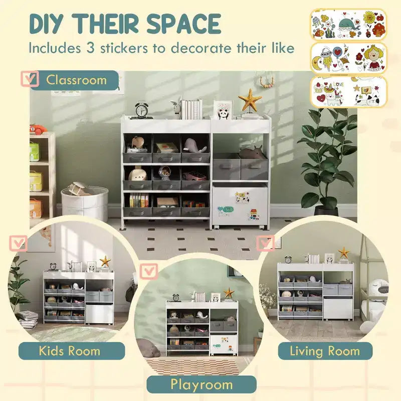 Organizzatore giocattoli per bambini a 11 scomparti con mensola mobile, arredamento per cameretta 80 cm H