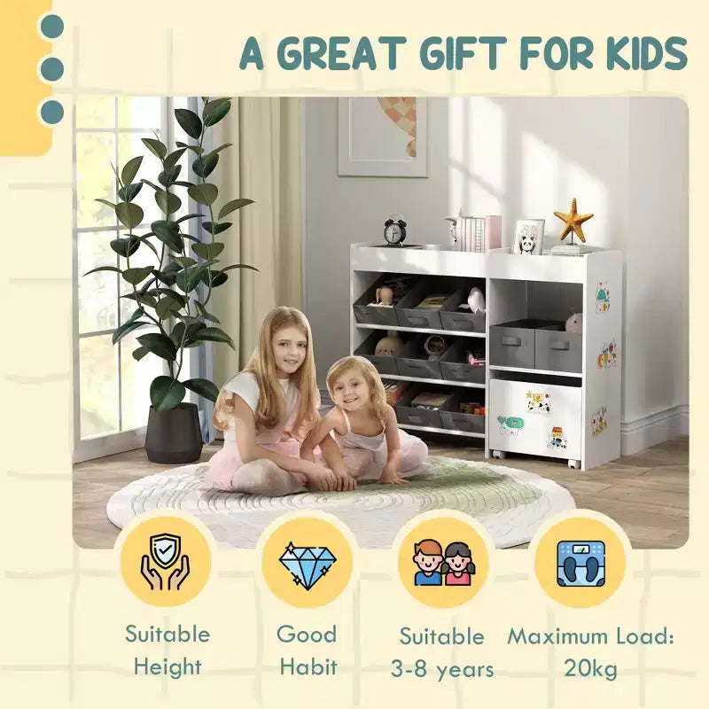 Organizzatore giocattoli per bambini a 11 scomparti con mensola mobile, arredamento per cameretta 80 cm H