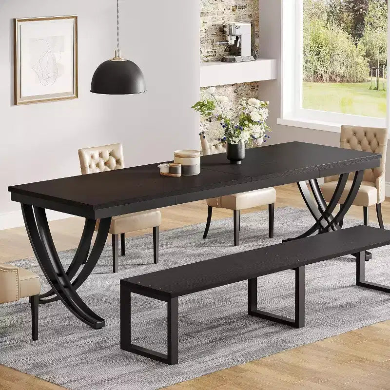 Tavolo da Pranzo Rettangolare da 78 Pollici per 6-8 Persone, Grande Tavolo da Pranzo Rustico in Legno per Cucina Sala da Pranzo, Nero, Solo Tavolo