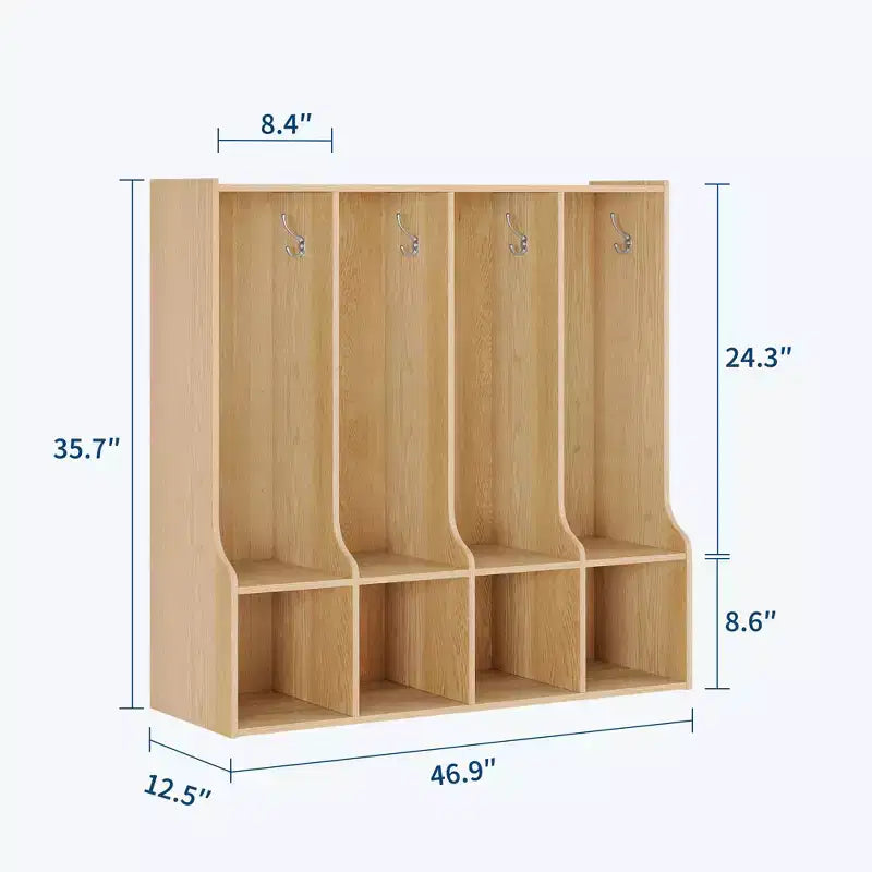 Armadietto Appendiabiti da 4 Sezioni con 8 Scomparti, Organizzatore Portaoggetti in Legno con 8 Ganci, Scomparti per Aula, Casa, Ufficio, Scuola, Palestra