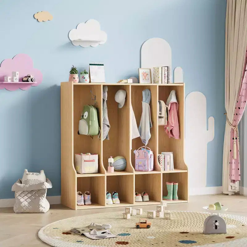 4 Section Classroom Coat Locker with 8 Cubbies, Wooden Cubby Storage Organizer with 8 Hooks, Classroom Cubbies for Home, Office, School,Gym