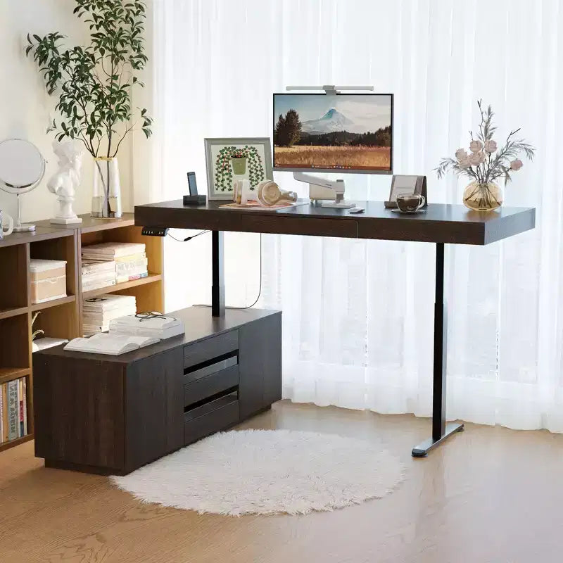 Hitow Dark Wood-Grain L-Shaped Standing Desk: Electric Height Adjustment + Storage Cabinet  Ergonomic Workstation for Home