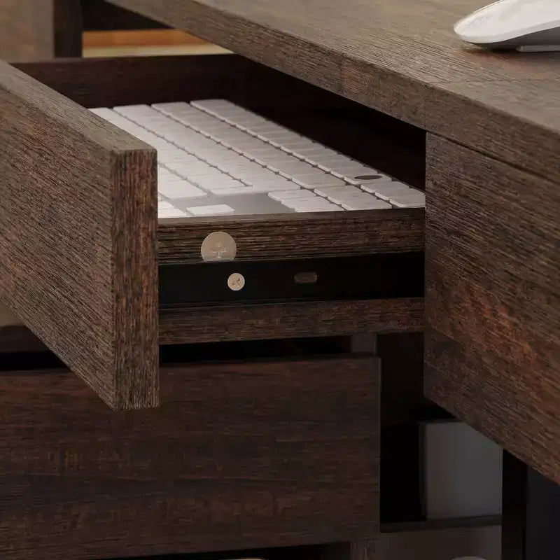 Scrivania ad angolo a L in legno scuro con altezza regolabile elettricamente e mobiletto contenitore: Workstation ergonomica per la casa