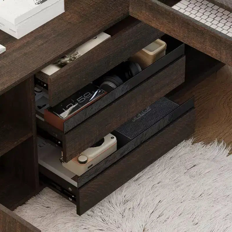 Scrivania ad angolo a L in legno scuro con altezza regolabile elettricamente e mobiletto contenitore: Workstation ergonomica per la casa